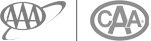 This image shows two gray logos side by side: one with "AAA" and a stylized curving arrow, and another with "CAA" inside a circular border.