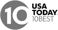 The image shows a gray logo for "USA TODAY 10BEST" with the number 10 and the text to the right of it, featuring a modern design.