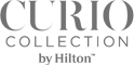 The image contains the logo of "Curio Collection by Hilton" in gray text.