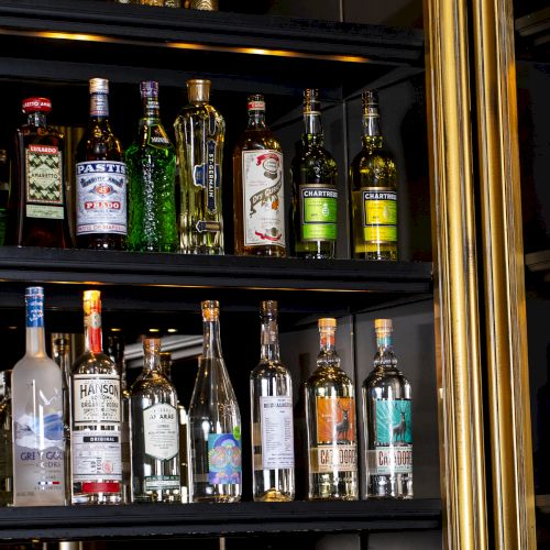 The image shows shelves with various bottles of liquor, including gin, vodka, and other spirits. The shelves are framed with golden accents.